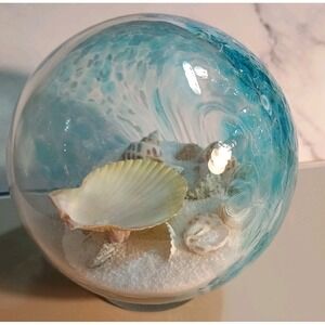 Hand Blown Art Glass Sea Globe With Sand Seashells Starfish Swirl Blue White